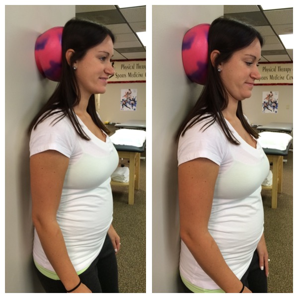 Image of performance of the resisted cervical retraction exercise with a ball on the wall